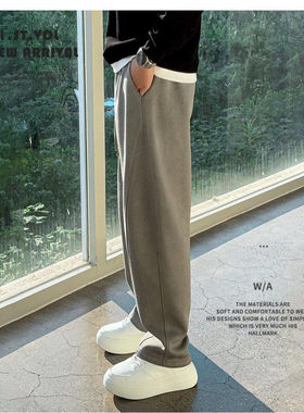 破坏水洗加绒卫裤男士秋冬香蕉裤垂感阔腿弯刀休闲拖地裤直筒裤男