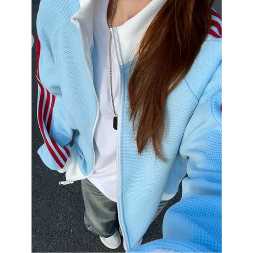 美式高街立领条纹开衫卫衣男秋