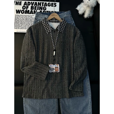 美式条纹拼接Polo衫男款秋冬加绒