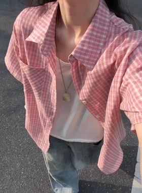粉色格子短袖衬衫男夏季潮流宽松