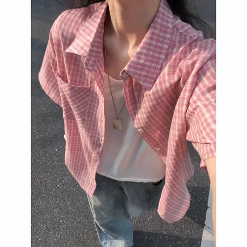 粉色格子短袖衬衫男夏季潮流宽松