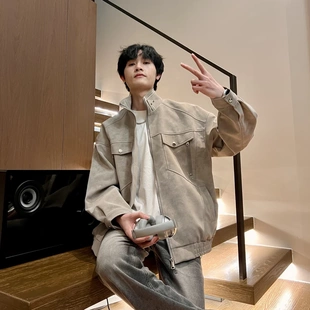 林社长2025春装新款夹克衫外套男立领痞帅潮流情侣皮夹克上衣外套