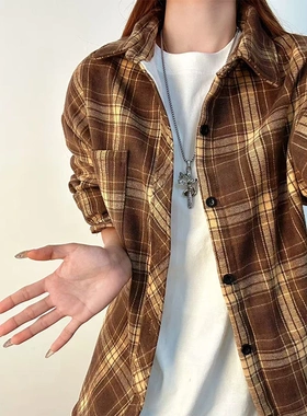 cleanfit黄咖格子加绒衬衫男款春秋季美式复古贴标外套高级感上衣