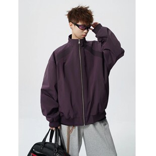 美式bomber斜切上衣男女同款马年新款立领外套情侣潮牌装廓形夹克