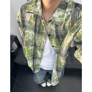 vintage绿色扎染格子衬衫男款复古美式情侣长袖衬衣外套叠穿上衣