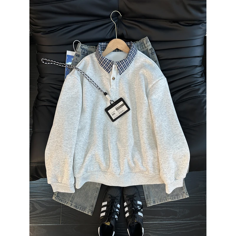 美式复古假两件格子Polo衫男秋冬设计感重磅叠穿卫衣加绒长袖T恤,男装,卫衣,淘宝优惠券,粉丝福利购,淘宝优惠卷