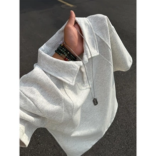 白花灰色polo衫短袖男款夏季拼接衬衫领t恤高级感美式重磅半截袖