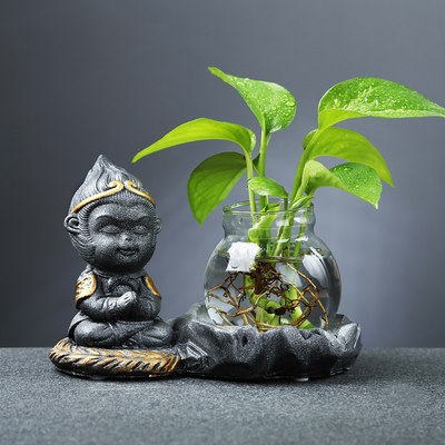 创意水培花瓶玻璃透明水养绿萝器皿花盆办公室桌面装饰悟空小摆件 虎窝淘