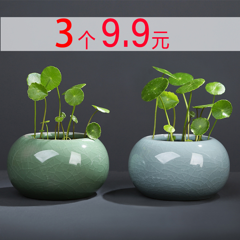 铜钱草水养绿萝桌面水培办公桌哥窑花瓶陶瓷大小花盆无孔专用器皿