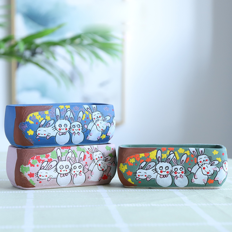 卡通可爱多肉花盆陶瓷创意手绘兔子长方形小老桩植物大号特价清仓