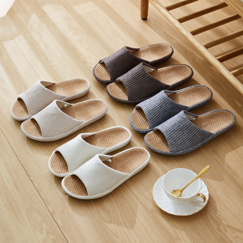 日系条纹情侣亚麻布拖鞋防滑静音