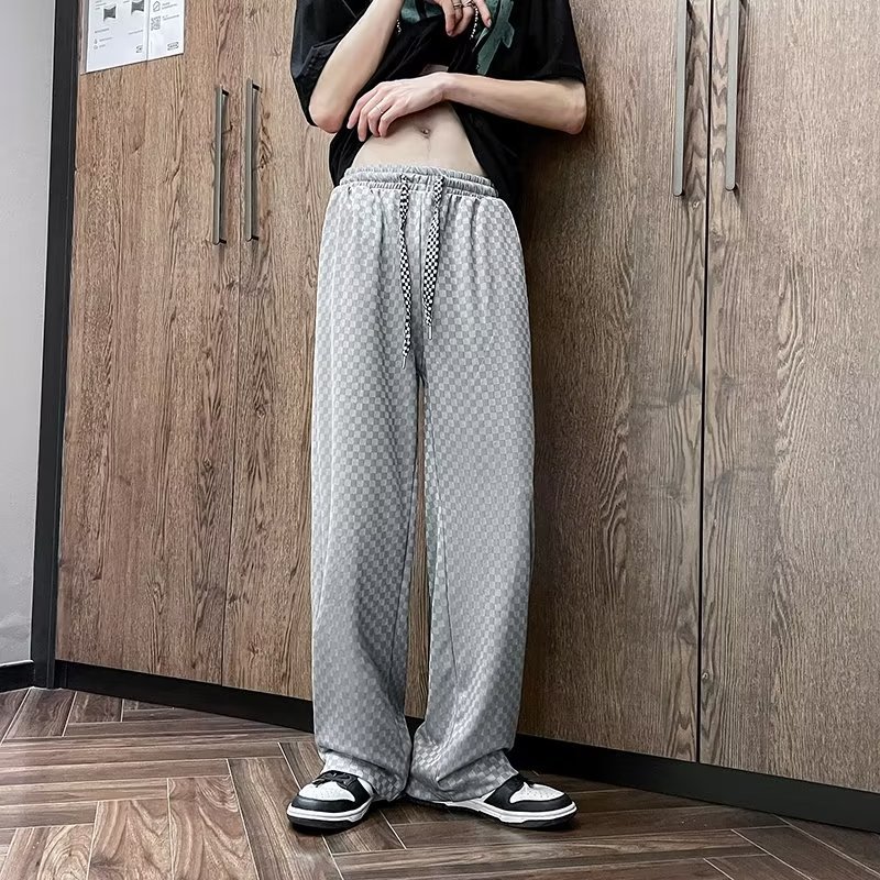夏薄款高腰宽松设计感破洞镂空提花牛仔裤男直筒长裤阔腿拖地裤子