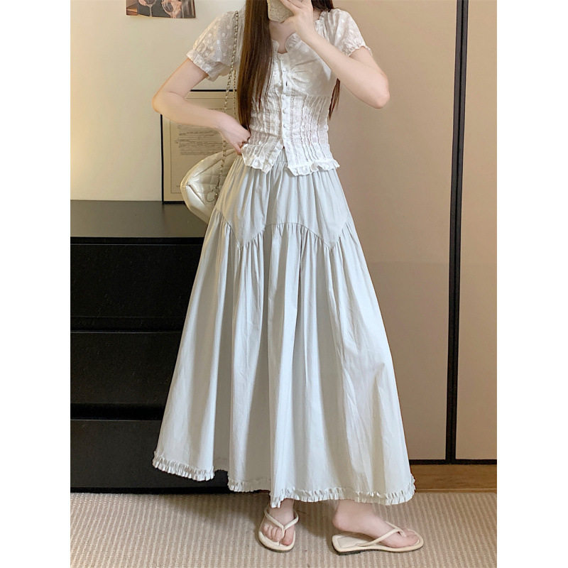 2026夏季新款 大码女装胖mm 高腰遮胯显瘦甜美风花边半身长裙伞裙