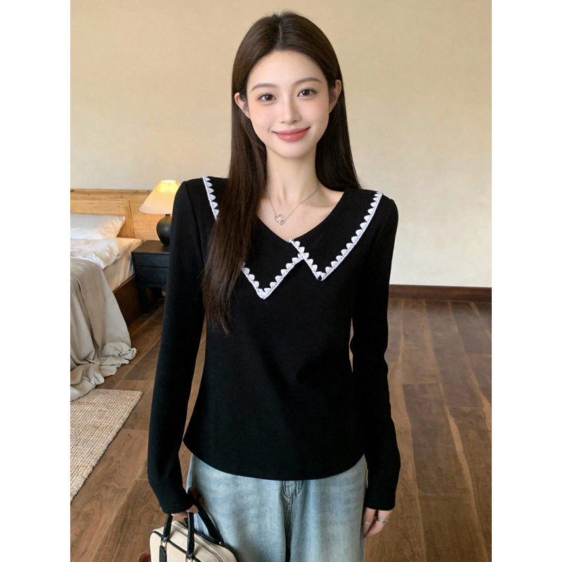 胖m大码女装韩系休闲显瘦2026秋装娃娃领针织花边长袖t恤欧美尺码