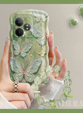 新款绿色油画蝴蝶适用realme真我GTNeo6SE手机壳GT5pro透明的5/SE硅胶3手腕带2链条GT大师探索版大师版oppo女
