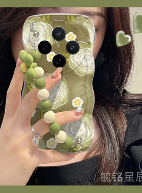 新款绿色油画花朵适用vivoX200手机壳X200Mini波浪边X200ProMini挂绳x100ultra腕带X100Pro+链条硅胶p十X100S