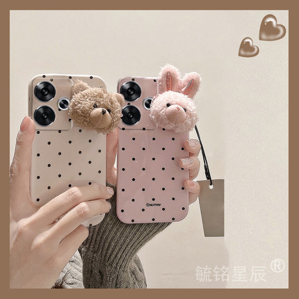 情侣新款波点毛绒小熊兔子适用小米redmi红米Turbo3手机壳Note9Pro透明的Note8Pro硅胶7立体5防摔4X卡通简约