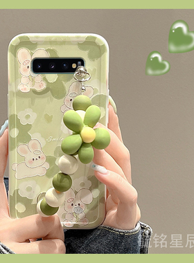 新款绿色花朵兔子适用三星S10+手机壳5g可爱S10e情侣S9十手腕带链条S8plus硅胶透明的Galaxy趣味小清新油画女