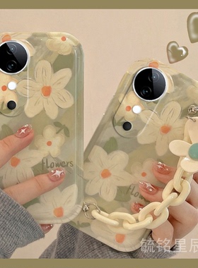 气垫新款绿色花朵适用vivoS19Pro手机壳Y200腕带Y200GT手链条Y200T防摔Y200i全包ins风小众软高级感por保护套