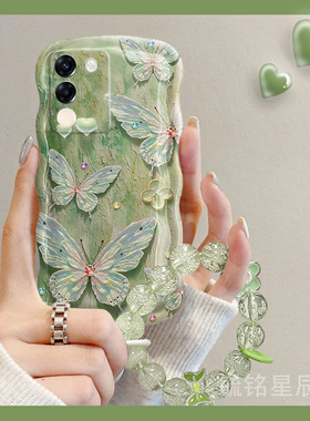 新款绿色油画蝴蝶适用vivoY200手机壳Y100/i/t透明的Y93/s硅胶Y78+十Y78m手腕带Y85链条y78t小清新全包ins风