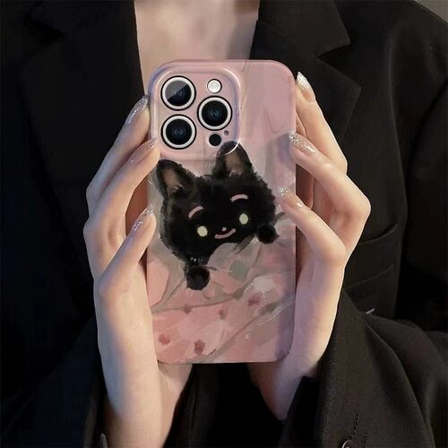 晱晱可爱粉色黑猫适用苹果15promax手机保护壳iPhone14菲林壳软全包13mini防摔12保护套女11pro新款ins风小众