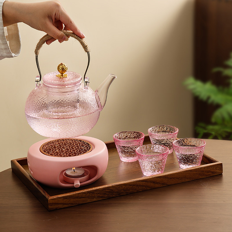 茶壶蜡烛加热温茶炉底座煮茶器耐高温玻璃粉色茶具套装轻奢高级感
