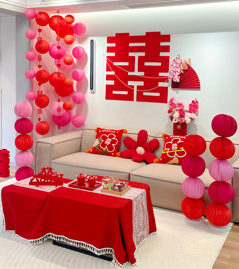 婚房瀑布灯笼挂串装饰客厅卧室背景墙布置超大喜字贴纸扇装饰套装