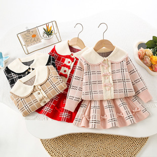 洋气蝴蝶结公主裙潮 女宝宝格子针织套裙韩版 儿童毛衣套装 秋冬新款