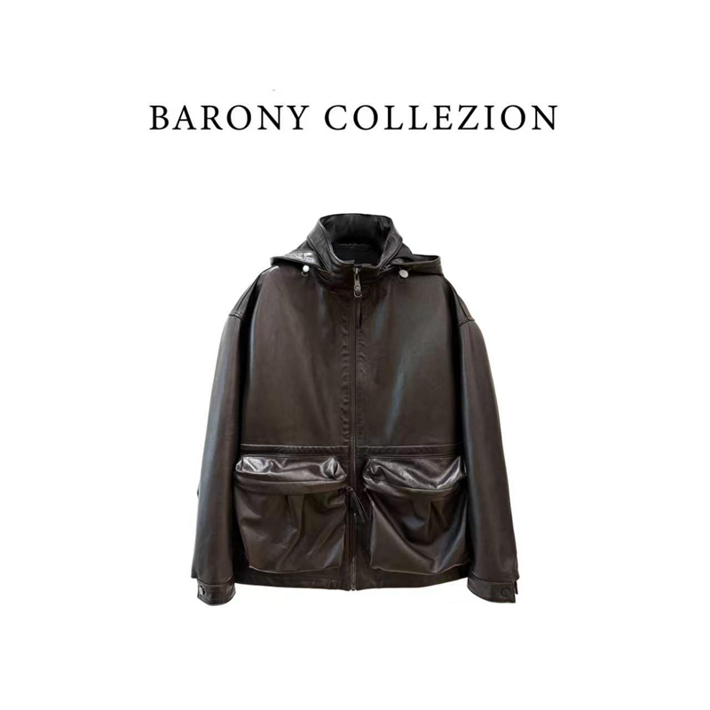 BARONY【摩登主义】巴恩风洋气时髦外套女款头层皮衣外套【98728