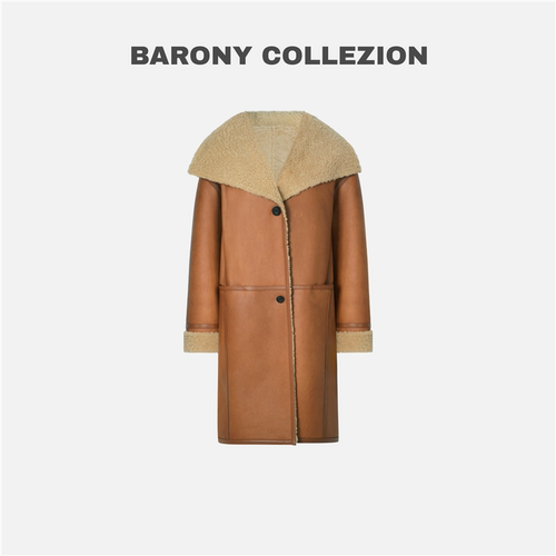 BARONY【98568】[冬日暖阳]爱马橘棕色进口外套皮草真皮毛一体