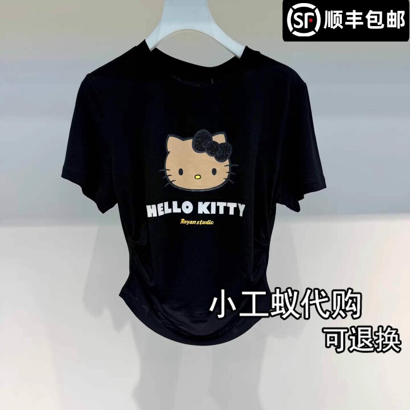 REVANYAYA芮范雅2026夏季新品下摆弧形抽褶收腰黑色T恤RK31001037