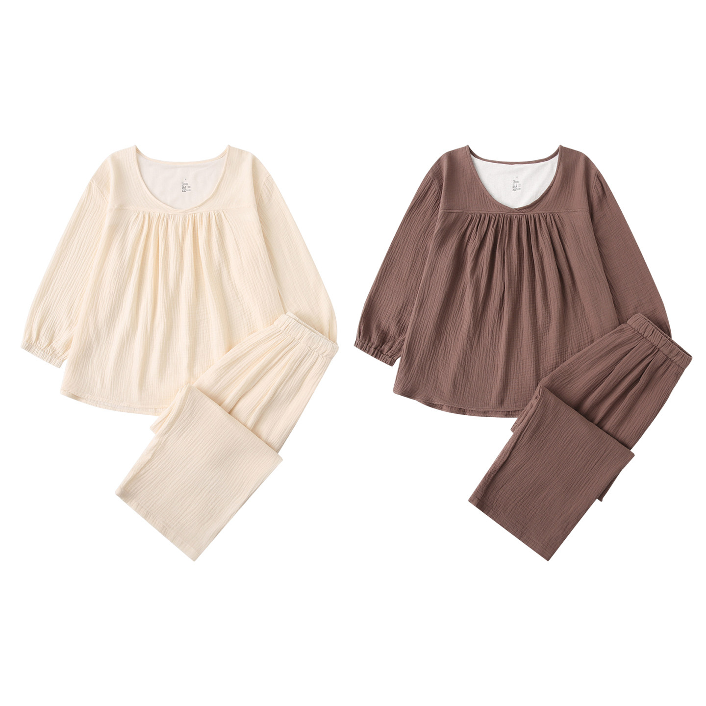 日系无印风纯色纯棉套头家居服女士26春夏新款八分袖双层邹布睡衣