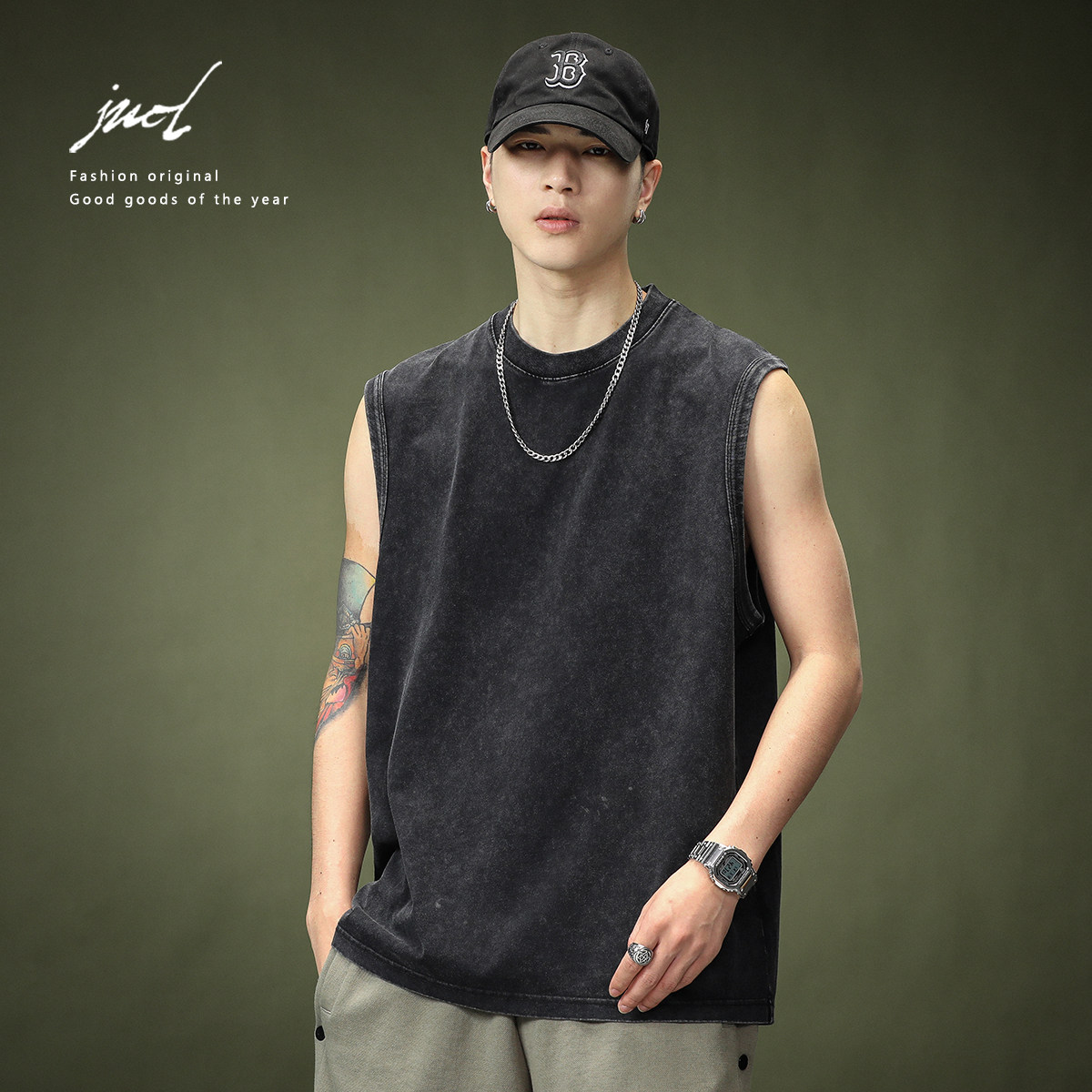 重磅水洗纯棉无袖背心T恤男士