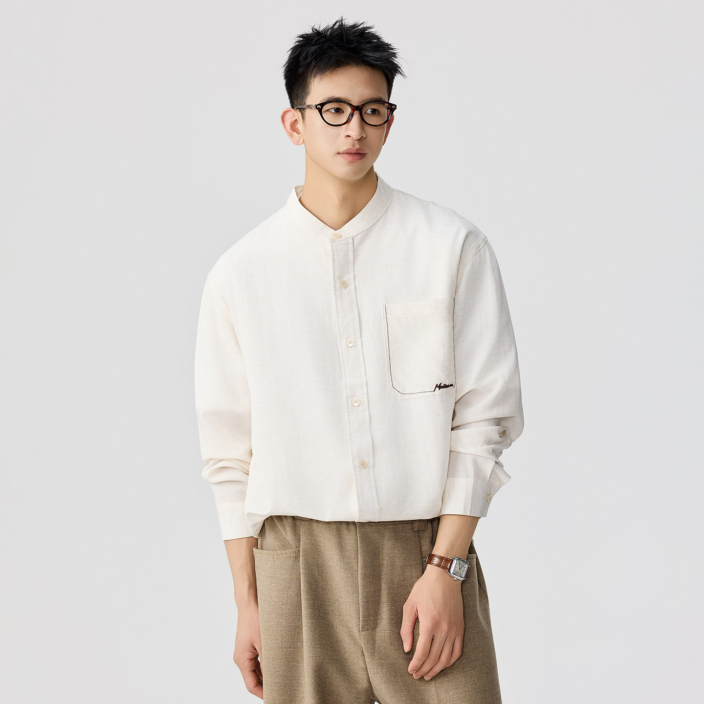 【松弛感老钱】亚麻立领衬衫男2026春季极简刺绣长袖休闲白色衬衣,男装,衬衫,淘宝优惠券,粉丝福利购,淘宝优惠卷