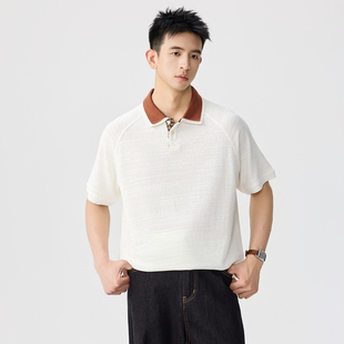 【新都市主义】休闲老钱肌理翻领POLO衫男夏季新款米杏色短袖T恤