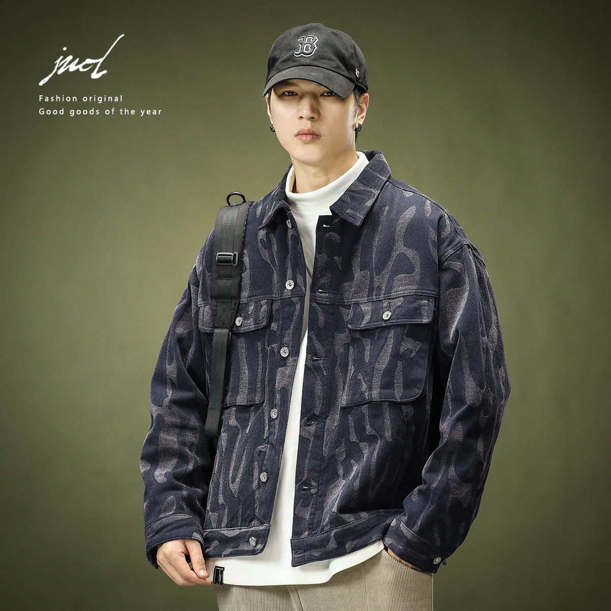 美式牛仔衣外套男高级提花多口袋