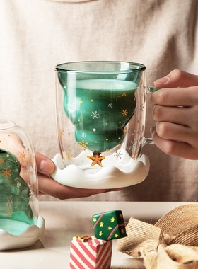 圣诞许愿杯ins卡通双层杯可爱礼品带盖水杯家用双层玻璃杯