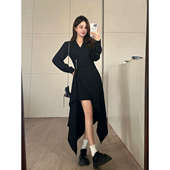 现货大码 女装 黑色拉链裙不规则裙摆纯色连衣裙胖MM藏肉显瘦裙