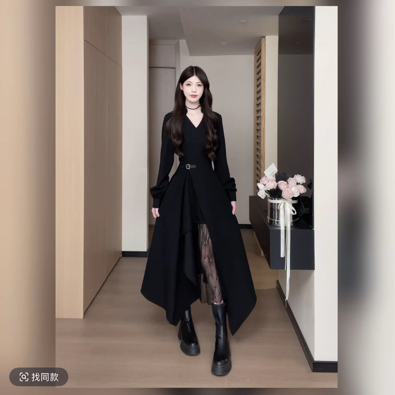 大码女装松本丧丧秋冬新款拼接衬衫裙蕾丝不对称长袖连衣裙