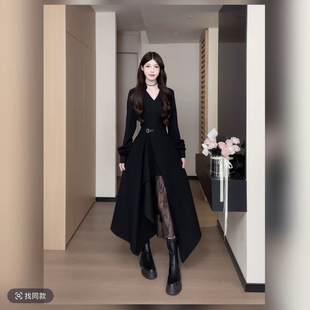 大码女装松本丧丧秋冬新款拼接衬衫裙蕾丝不对称长袖连衣裙