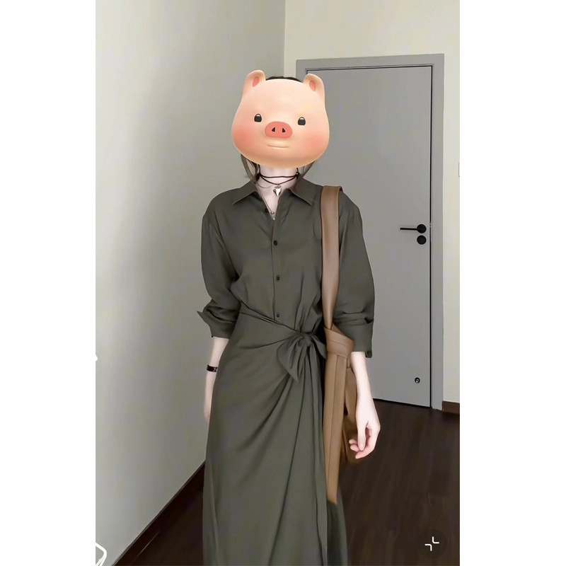 【大码女装】春季设计感不对称高腰绑带长袖连衣裙气质韩系长裙