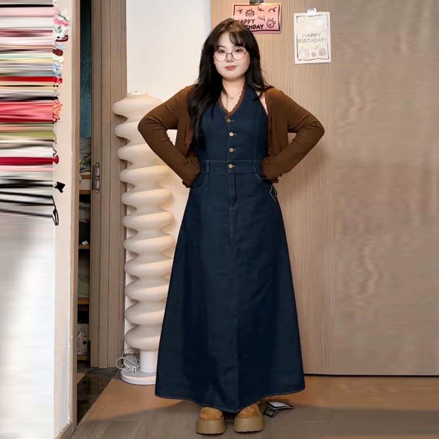 大码女装秋冬高腰显瘦花边领挂牛仔长裙针织开衫两件套