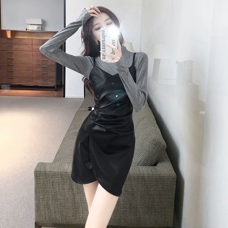 吊带打底内搭pu皮连衣裙子早春秋冬季2025新款女装气质小个子长袖