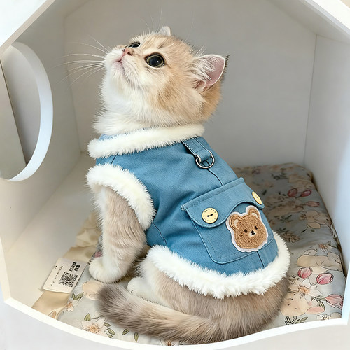 猫咪衣服秋冬款加绒保暖牛仔马甲