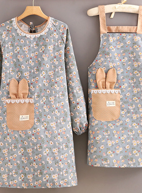 韩版长袖帆布围裙女家用厨房做饭罩衣防污透气餐饮大人围腰97648