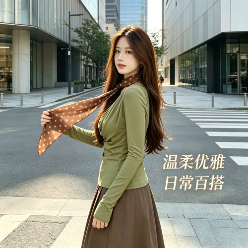 法式棕色波点长条丝巾系脖绑发