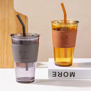 高颜值玻璃水杯带吸管带盖ins风小鹿竹节杯咖啡饮料吸管杯子