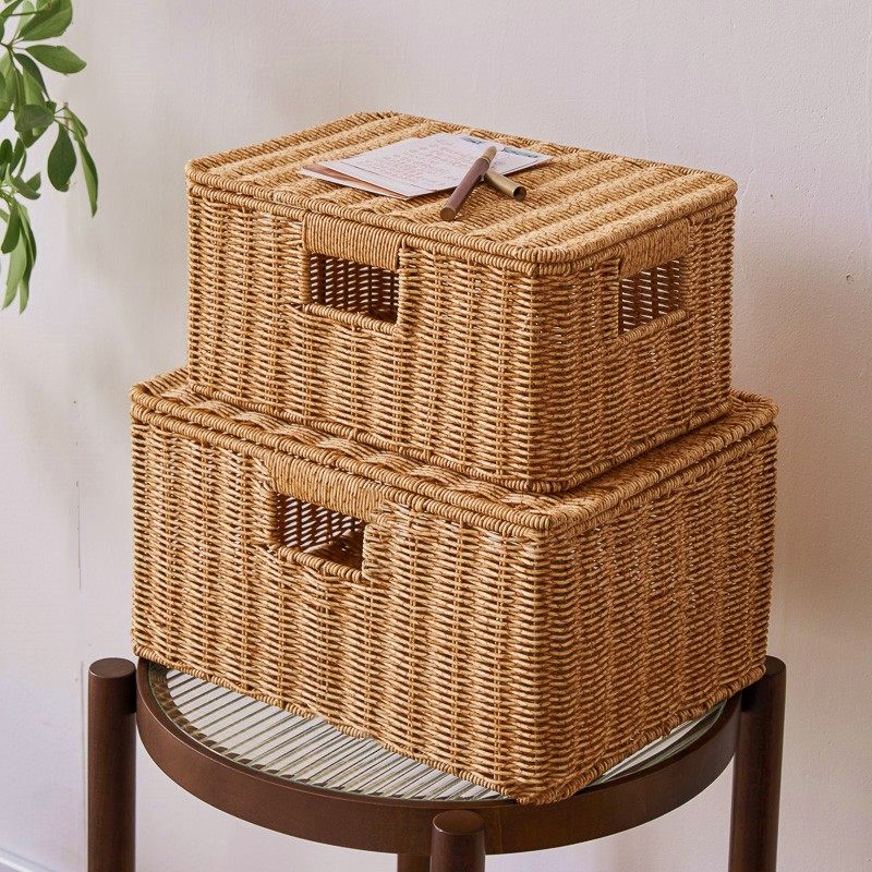 带盖编织收纳筐家用收纳篮零食玩具储物筐仿藤编浴室柜下收纳盒,收纳整理,收纳筐,淘宝优惠券,粉丝福利购,淘宝优惠卷