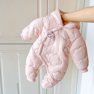 婴儿宝贝400g冬装 新生男女宝宝连体衣满月加绒加厚哈衣棉服外套冬