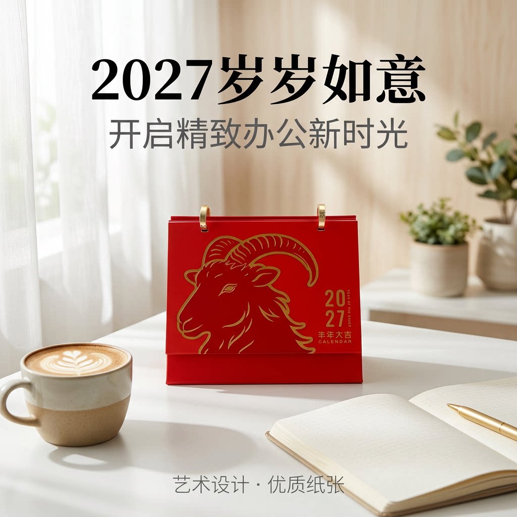 2027年台历简约工艺皮架桌面摆件创意翻页日历商务办公立式款定制新年历送客户礼品办公室公司会议室前台台历图片